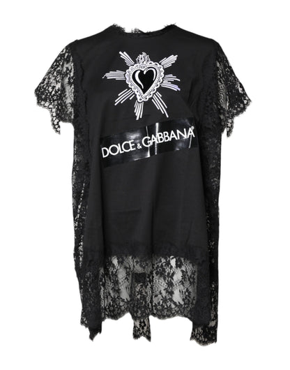 Dolce &amp; Gabbana – Schwarzes, transparentes Oberteil mit Rundhalsausschnitt und Herzmotiv aus Spitze
