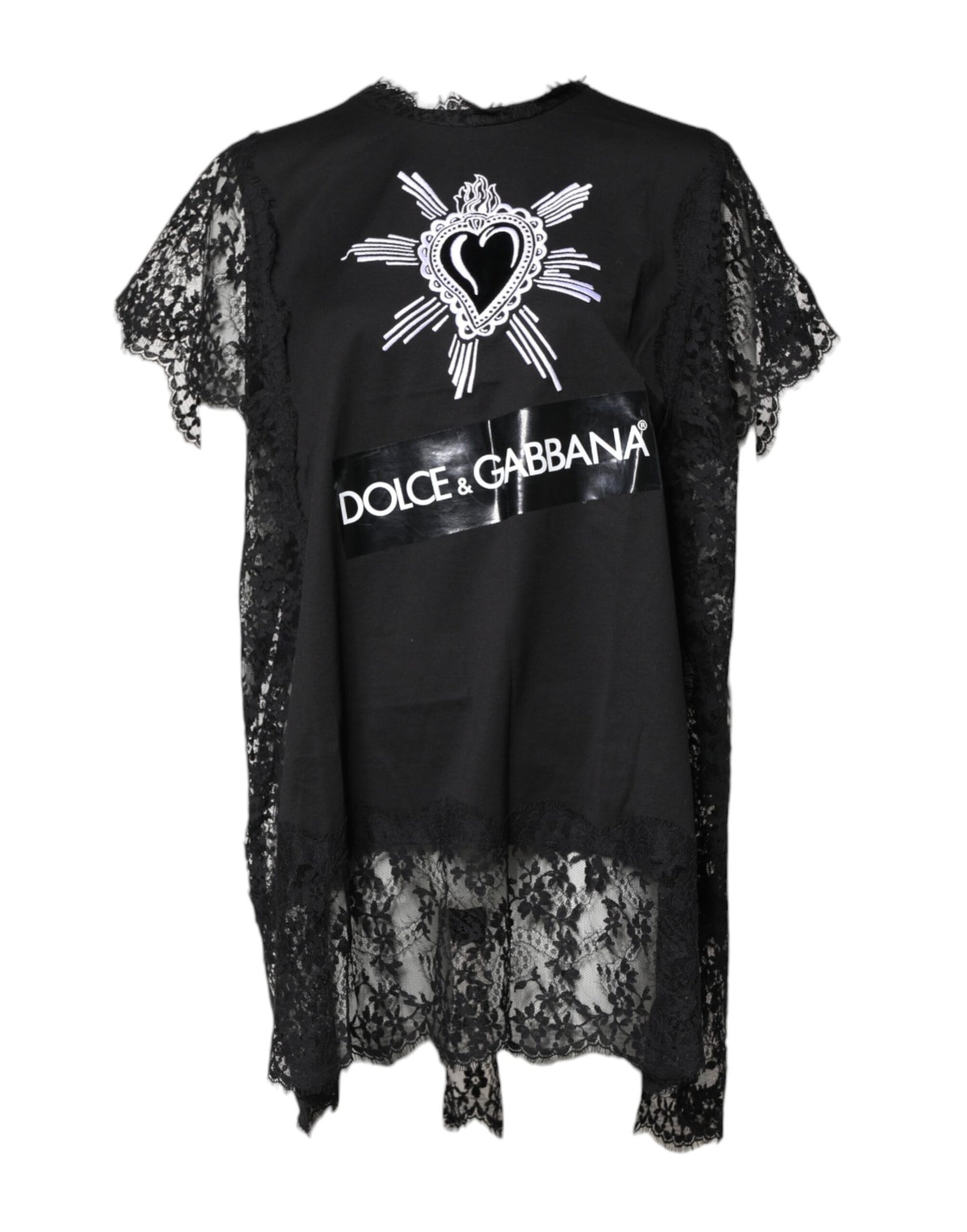 Dolce &amp; Gabbana – Schwarzes, transparentes Oberteil mit Rundhalsausschnitt und Herzmotiv aus Spitze