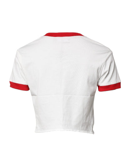 Dolce & Gabbana White Printed Round Neck Cropped Top T-shirt