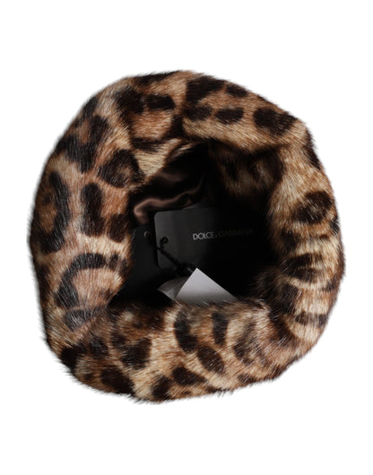 Dolce &amp; Gabbana Brauner Leoparden-Faux-Fur-Bucket-Hut für Damen
