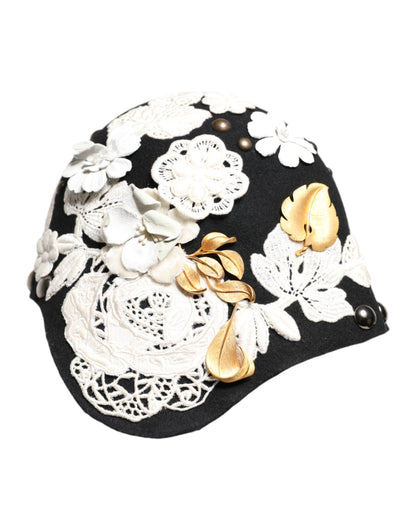 Dolce &amp; Gabbana Glockenhut aus schwarzer Wolle mit weißem Blumenmuster und Blattgold