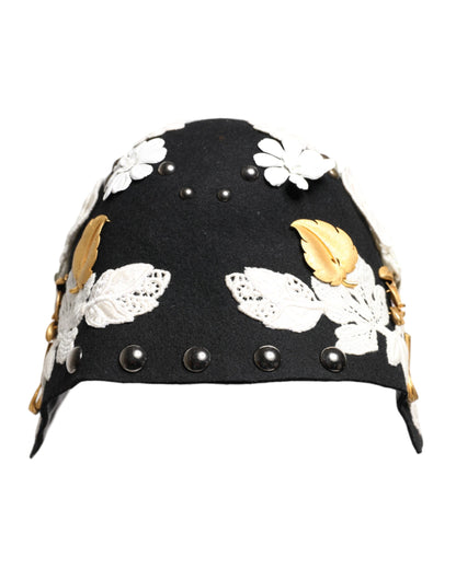Dolce &amp; Gabbana Glockenhut aus schwarzer Wolle mit weißem Blumenmuster und Blattgold