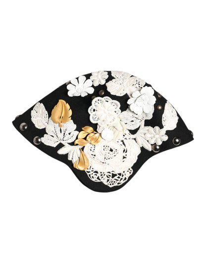 Dolce &amp; Gabbana Glockenhut aus schwarzer Wolle mit weißem Blumenmuster und Blattgold