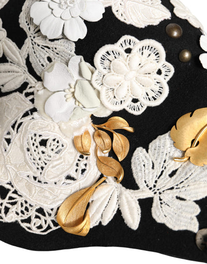 Dolce &amp; Gabbana Glockenhut aus schwarzer Wolle mit weißem Blumenmuster und Blattgold