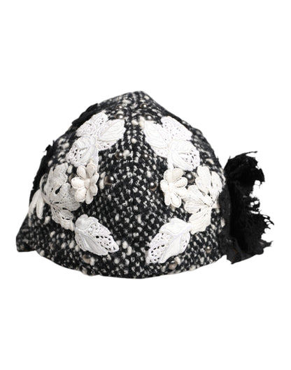 Dolce &amp; Gabbana – Glockenhut aus schwarzer Wolle mit weißem Blumenmuster