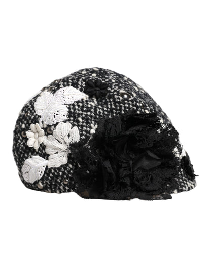 Dolce &amp; Gabbana – Glockenhut aus schwarzer Wolle mit weißem Blumenmuster