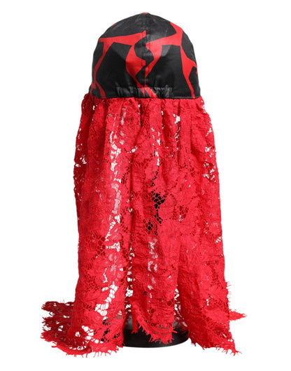 Dolce &amp; Gabbana Baseballkappe aus Baumwolle mit rot-schwarzer Spitze und Tüll