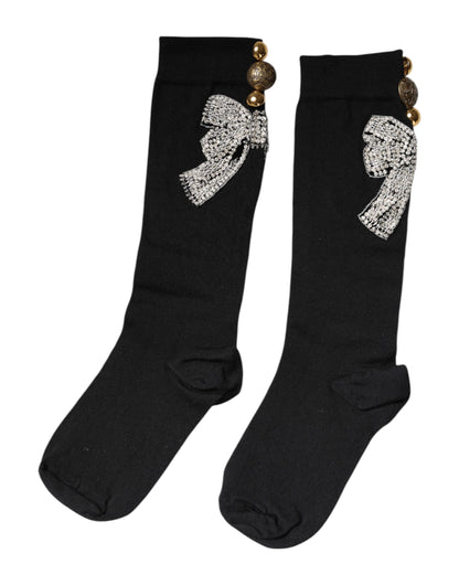 Dolce &amp; Gabbana – Schwarze Stricksocken mit Blumen- und Kristallverzierung