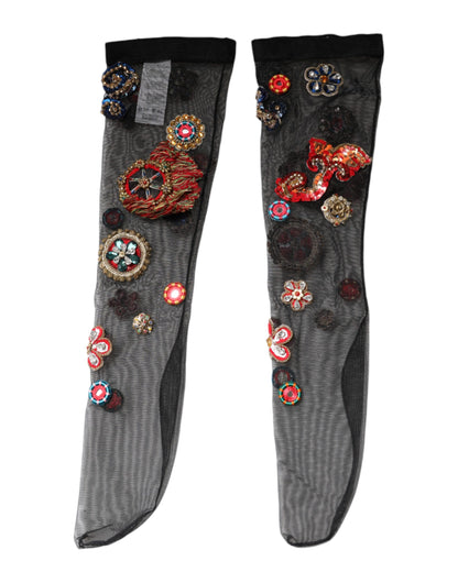 Dolce &amp; Gabbana Schwarze Stretch-Carretto-Strümpfe mit Kristallen