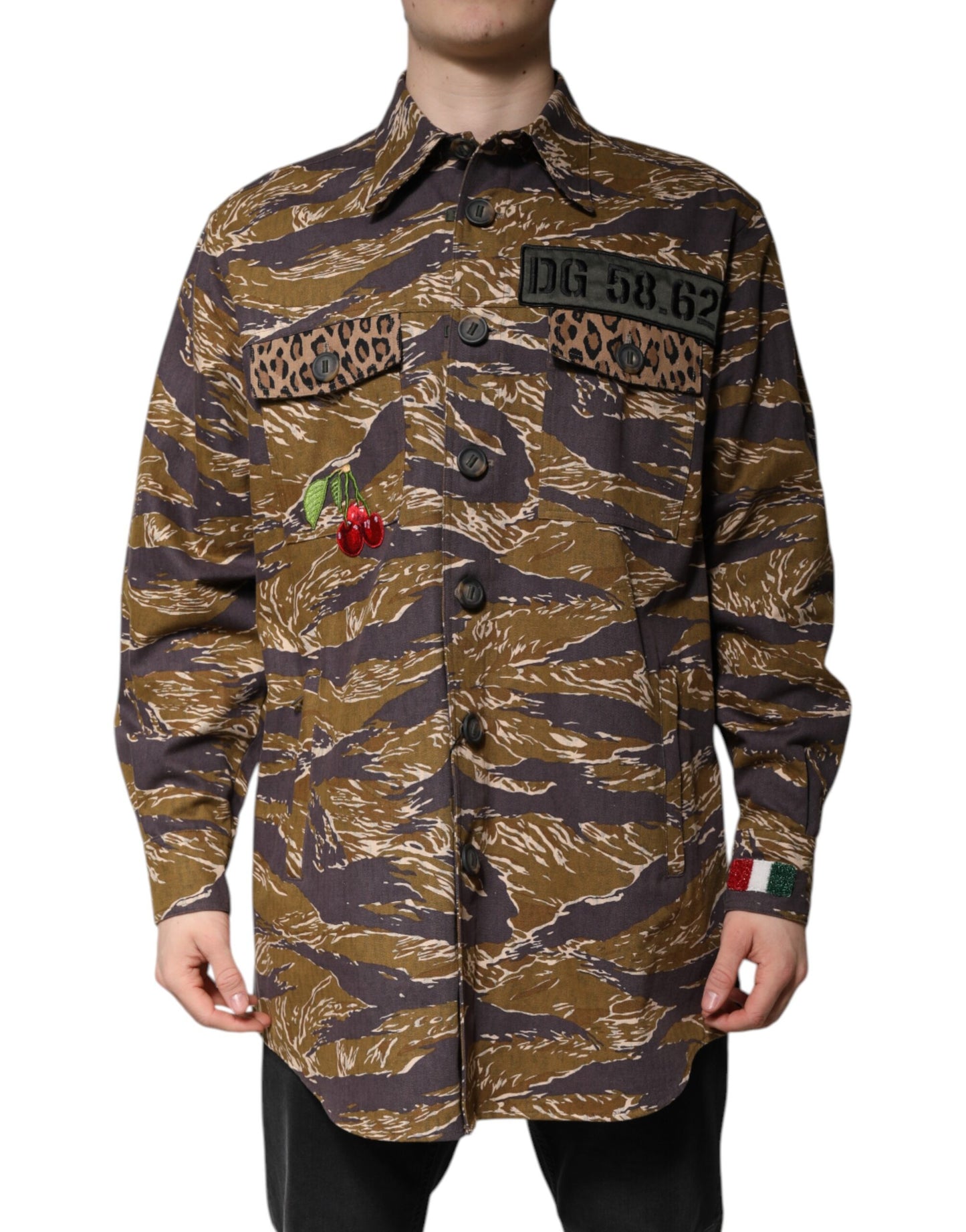 Dolce &amp; Gabbana – Braune Manteljacke aus Baumwolle mit Leopardenmuster und Kragen