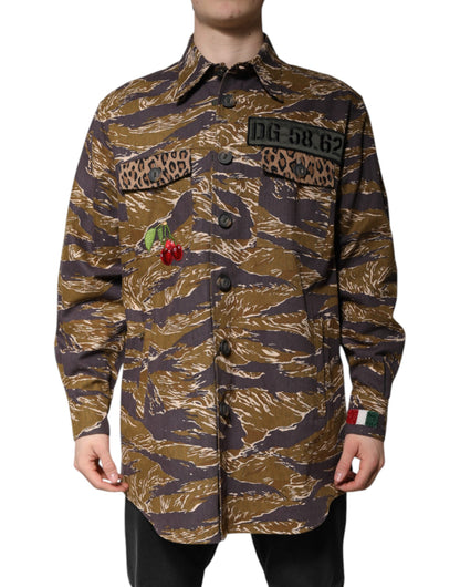 Dolce &amp; Gabbana – Braune Manteljacke aus Baumwolle mit Leopardenmuster und Kragen
