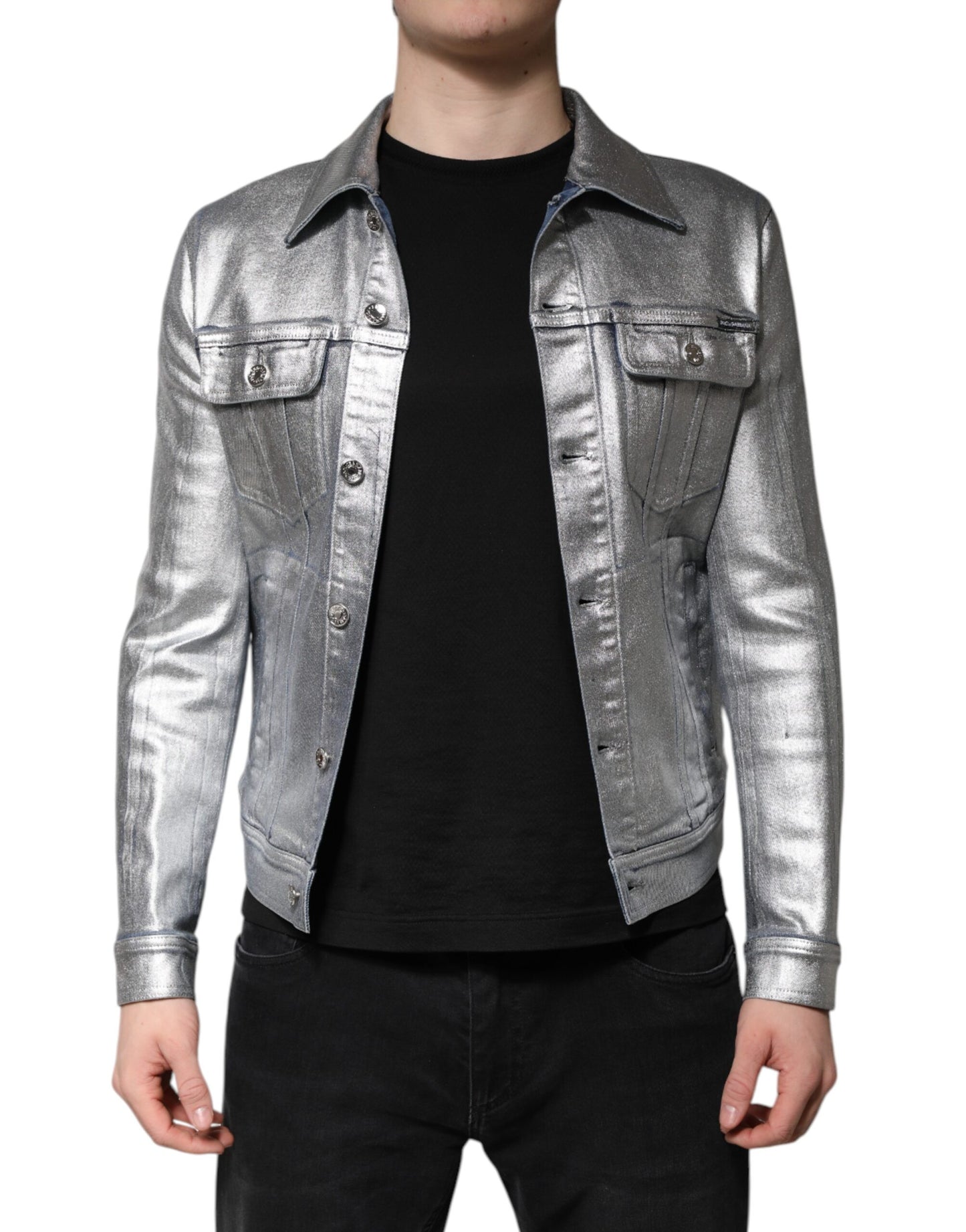 Dolce &amp; Gabbana – Bikerjacke aus silberner Baumwolle mit Knopfleiste
