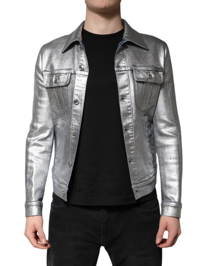 Dolce &amp; Gabbana – Bikerjacke aus silberner Baumwolle mit Knopfleiste