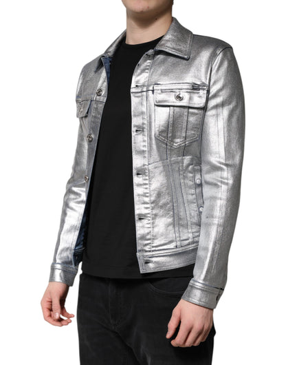 Dolce &amp; Gabbana – Bikerjacke aus silberner Baumwolle mit Knopfleiste