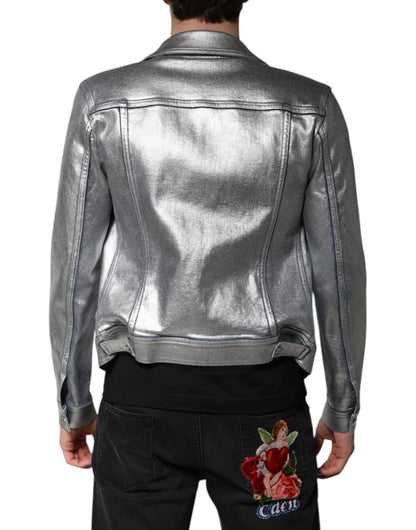 Dolce &amp; Gabbana – Bikerjacke aus silberner Baumwolle mit Knopfleiste