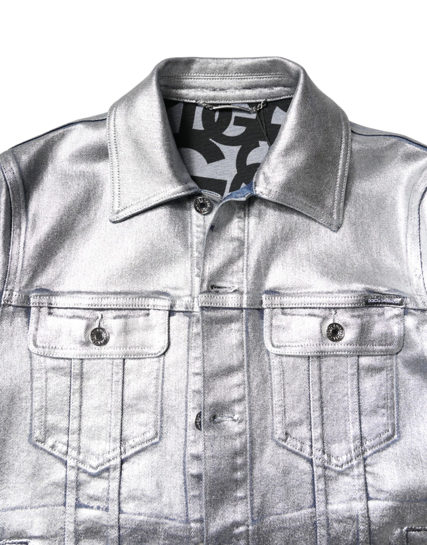 Dolce &amp; Gabbana – Bikerjacke aus silberner Baumwolle mit Knopfleiste