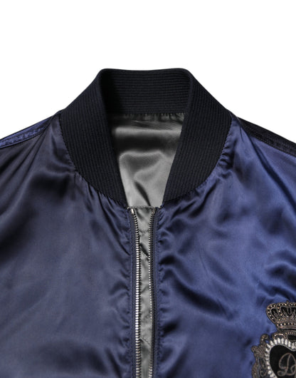 Dolce &amp; Gabbana – Blaue Nylon-Bomberjacke „DG Crown“ mit durchgehendem Reißverschluss