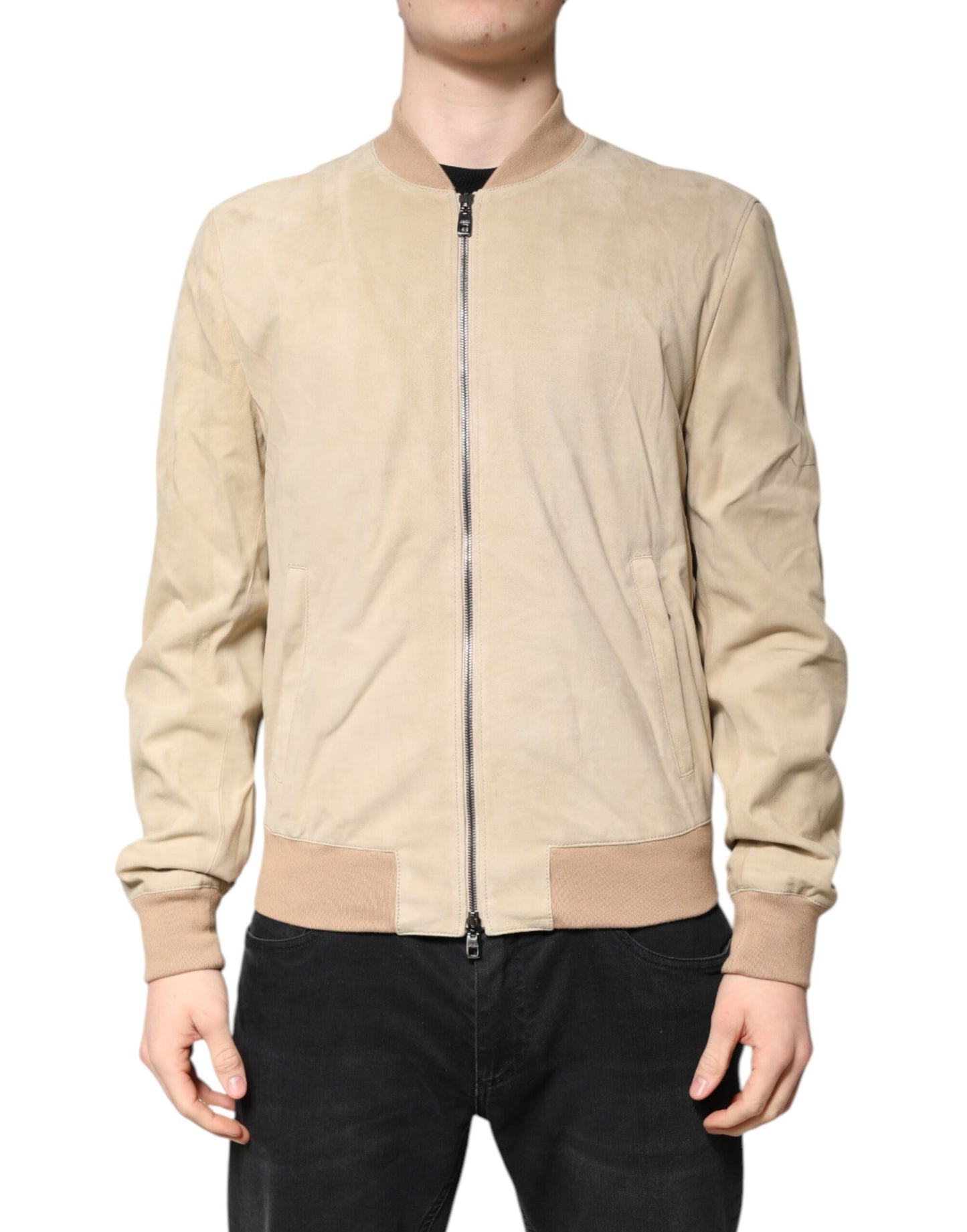 Dolce & Gabbana Beige Lambskin Full Zip Men Bomber Jacket