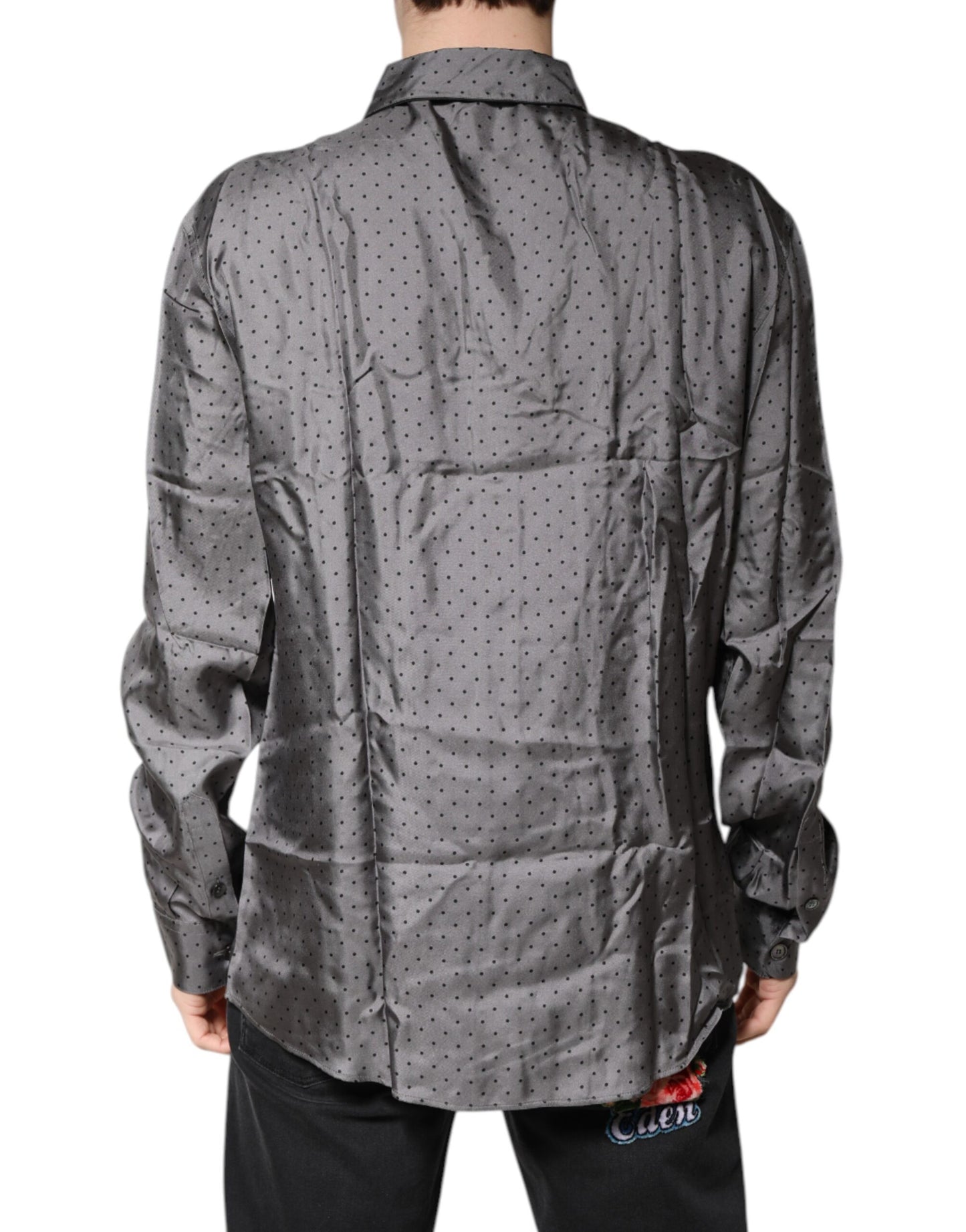 Dolce &amp; Gabbana – Graues Langarmhemd aus Seide mit Tupfen