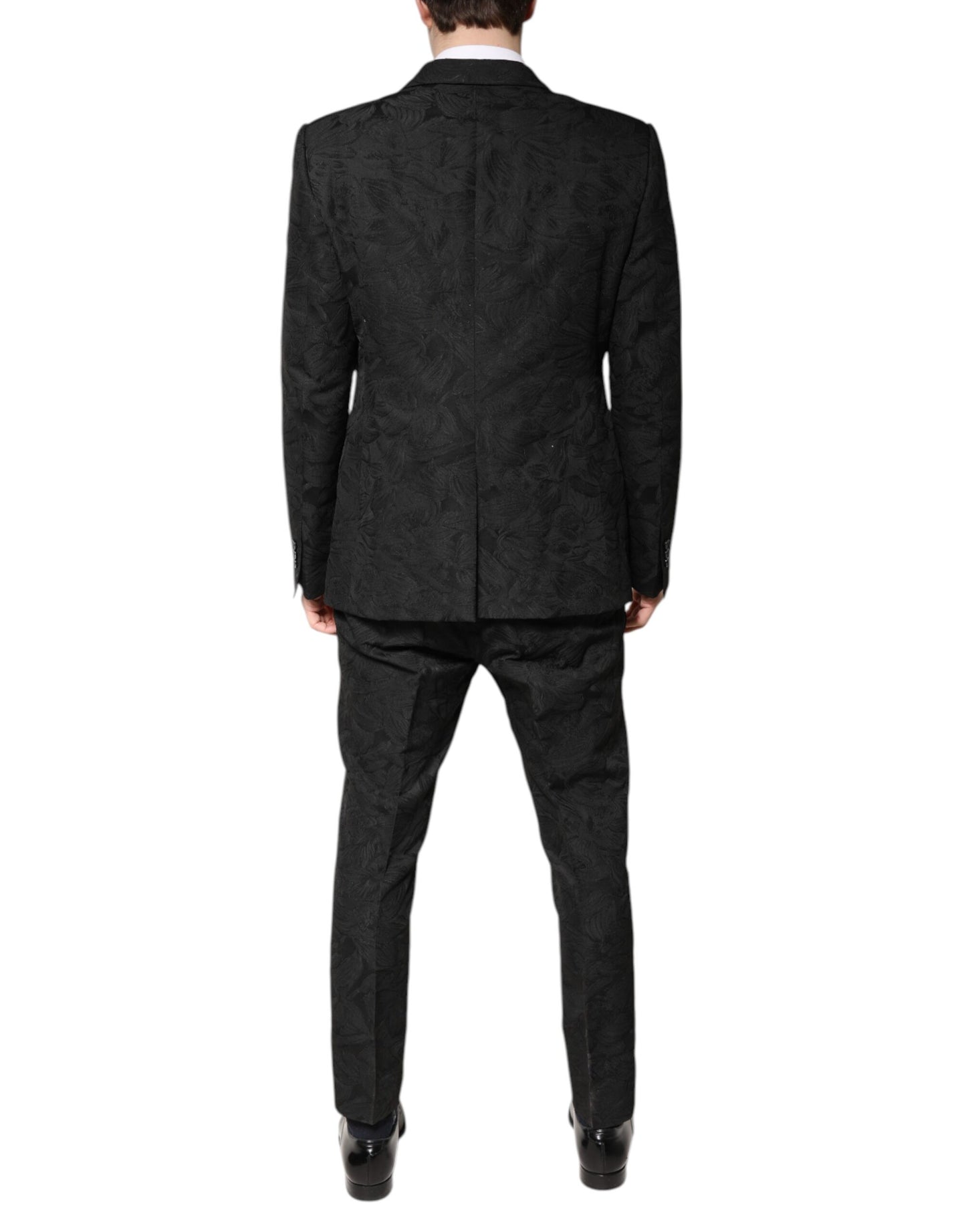 Dolce &amp; Gabbana – Schwarzer, zweiteiliger Anzug aus Polyester-Jacquard mit Blumenmuster