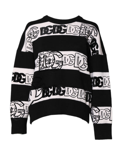 Dolce & Gabbana Black White Logo Print Wool Pullover Sweater