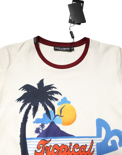 تيشيرت دولتشي آند غابانا أبيض من القطن بطبعة وأكمام قصيرة