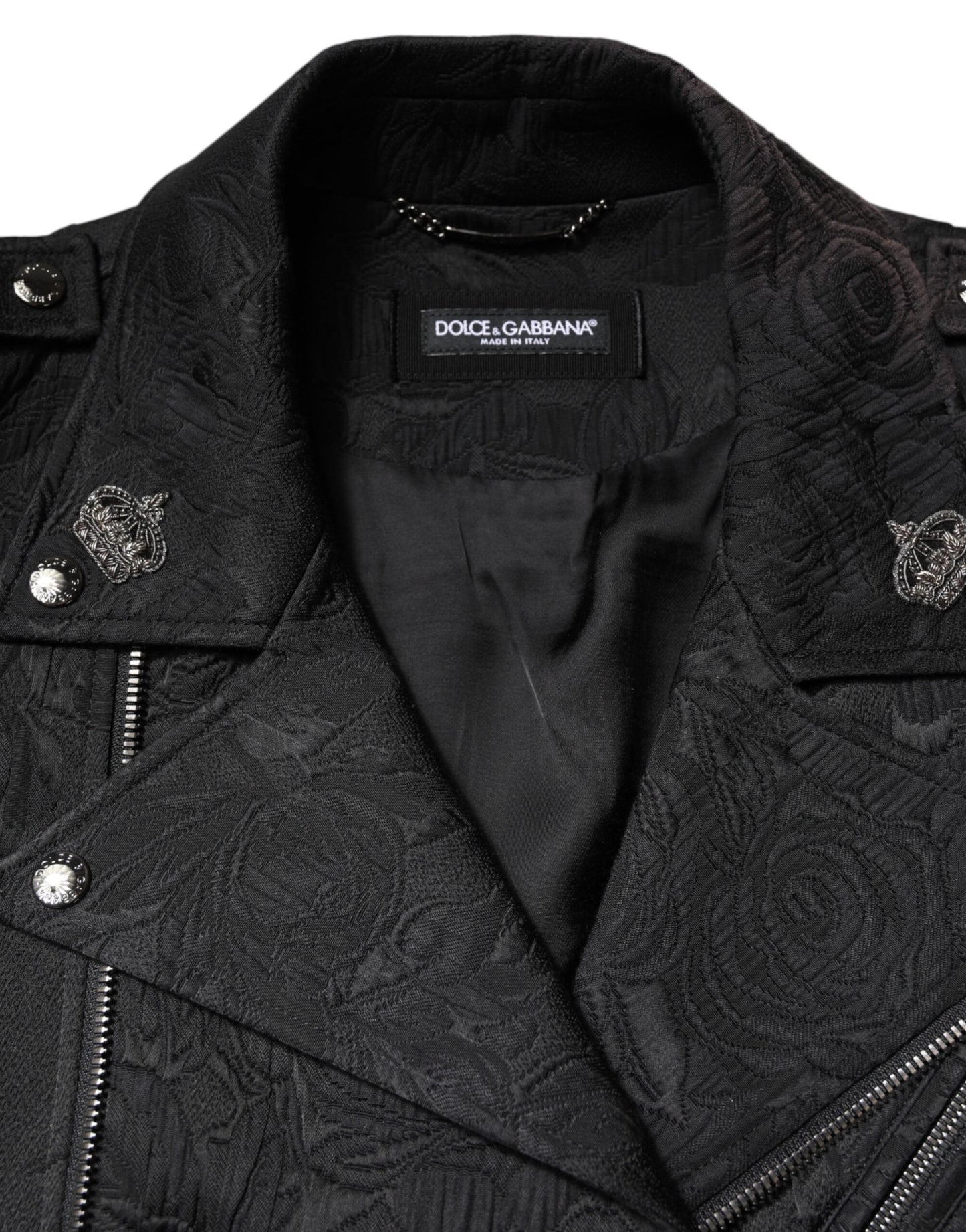 Dolce &amp; Gabbana – Schwarze Bikerjacke aus Brokat-Baumwolle mit durchgehendem Reißverschluss