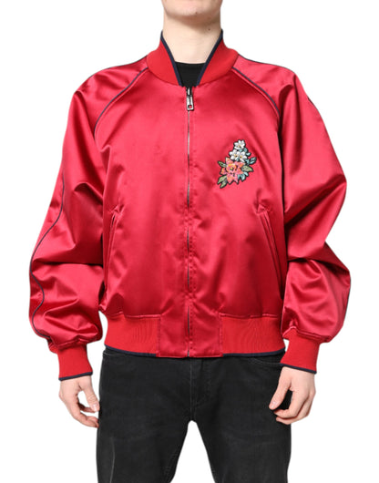 Dolce & Gabbana Red Floral Patch Full Zip Men Bomber Jacket