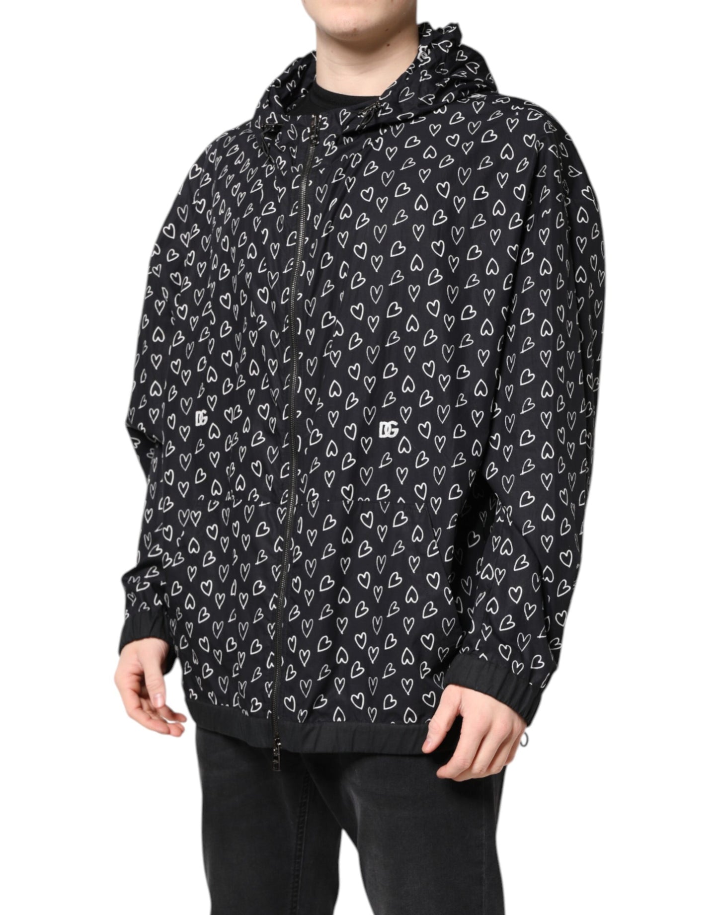 Dolce &amp; Gabbana – Schwarze Windjacke mit Kapuze und Herz-Print