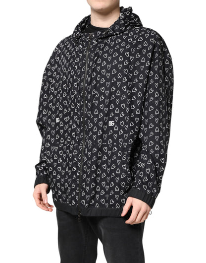 Dolce &amp; Gabbana – Schwarze Windjacke mit Kapuze und Herz-Print
