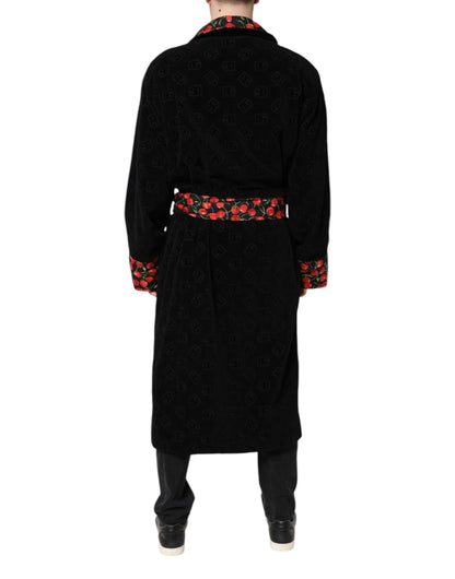 Dolce & Gabbana Black Cherry Print Wrap Robe Men Coat Jacket
