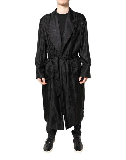 Dolce &amp; Gabbana Schwarze Seide DG Logo Herren Wickelmantel Jacke