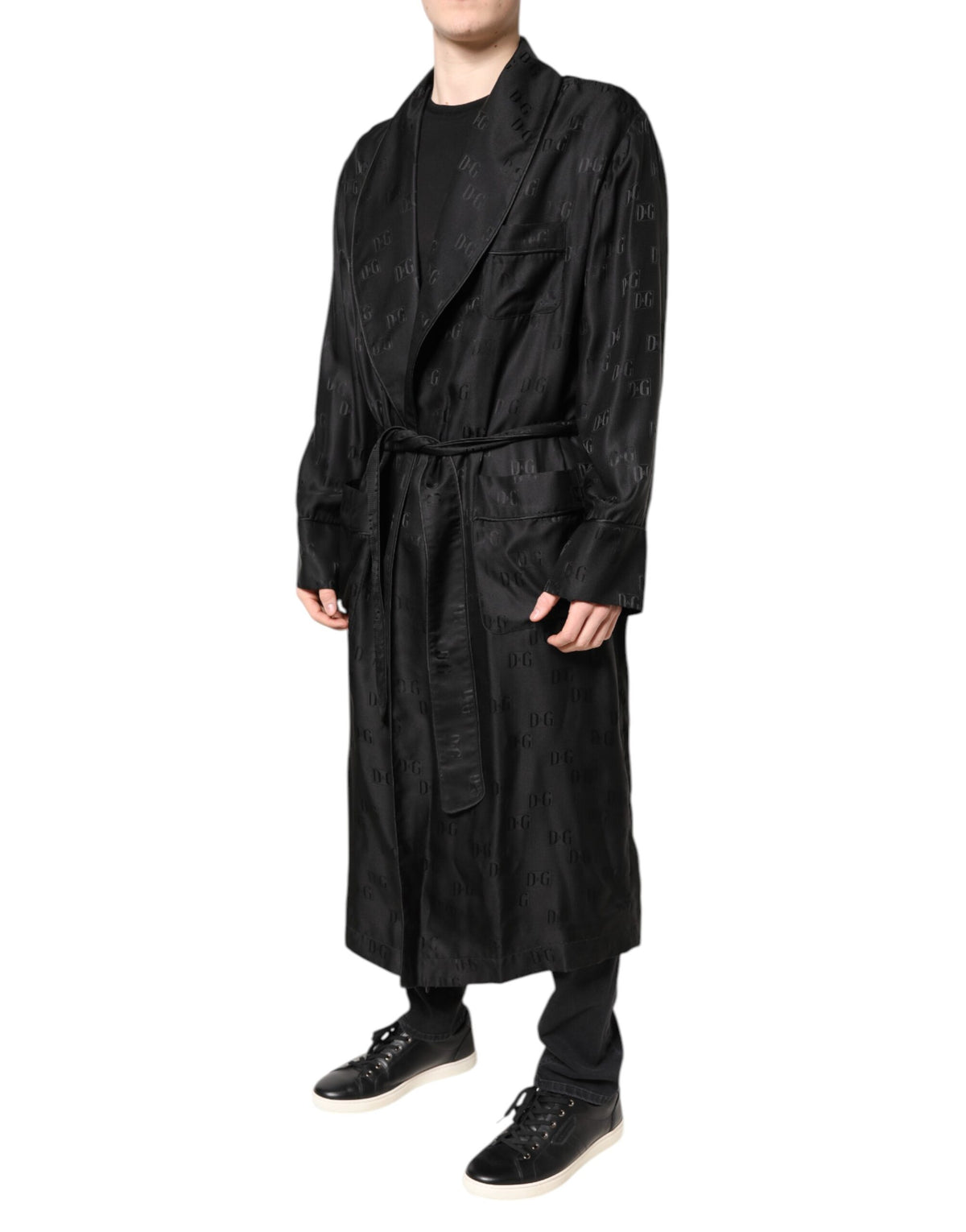 Dolce &amp; Gabbana Schwarze Seide DG Logo Herren Wickelmantel Jacke