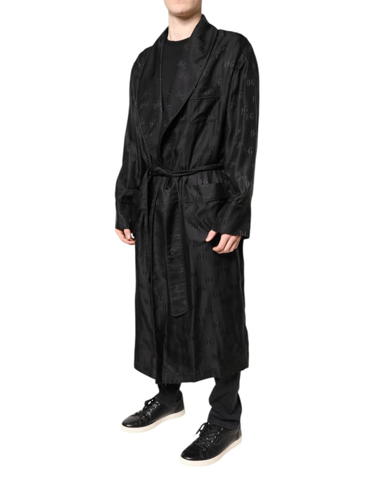 Dolce &amp; Gabbana Schwarze Seide DG Logo Herren Wickelmantel Jacke