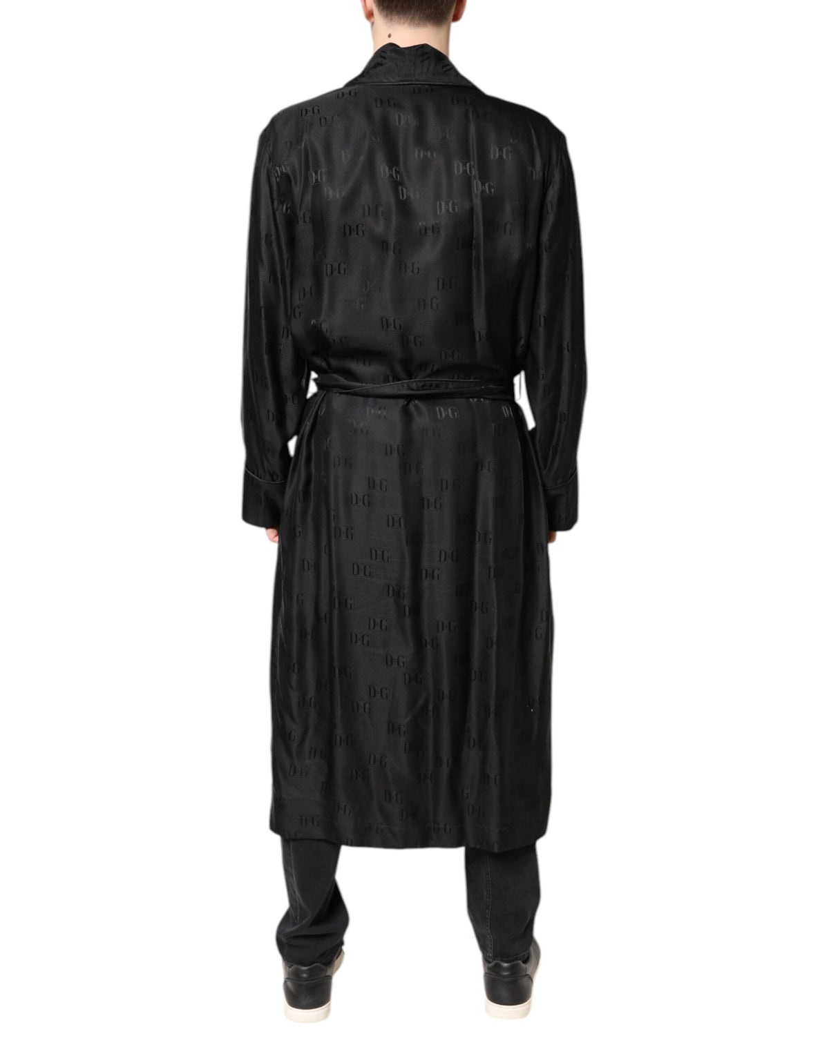 Dolce &amp; Gabbana Schwarze Seide DG Logo Herren Wickelmantel Jacke