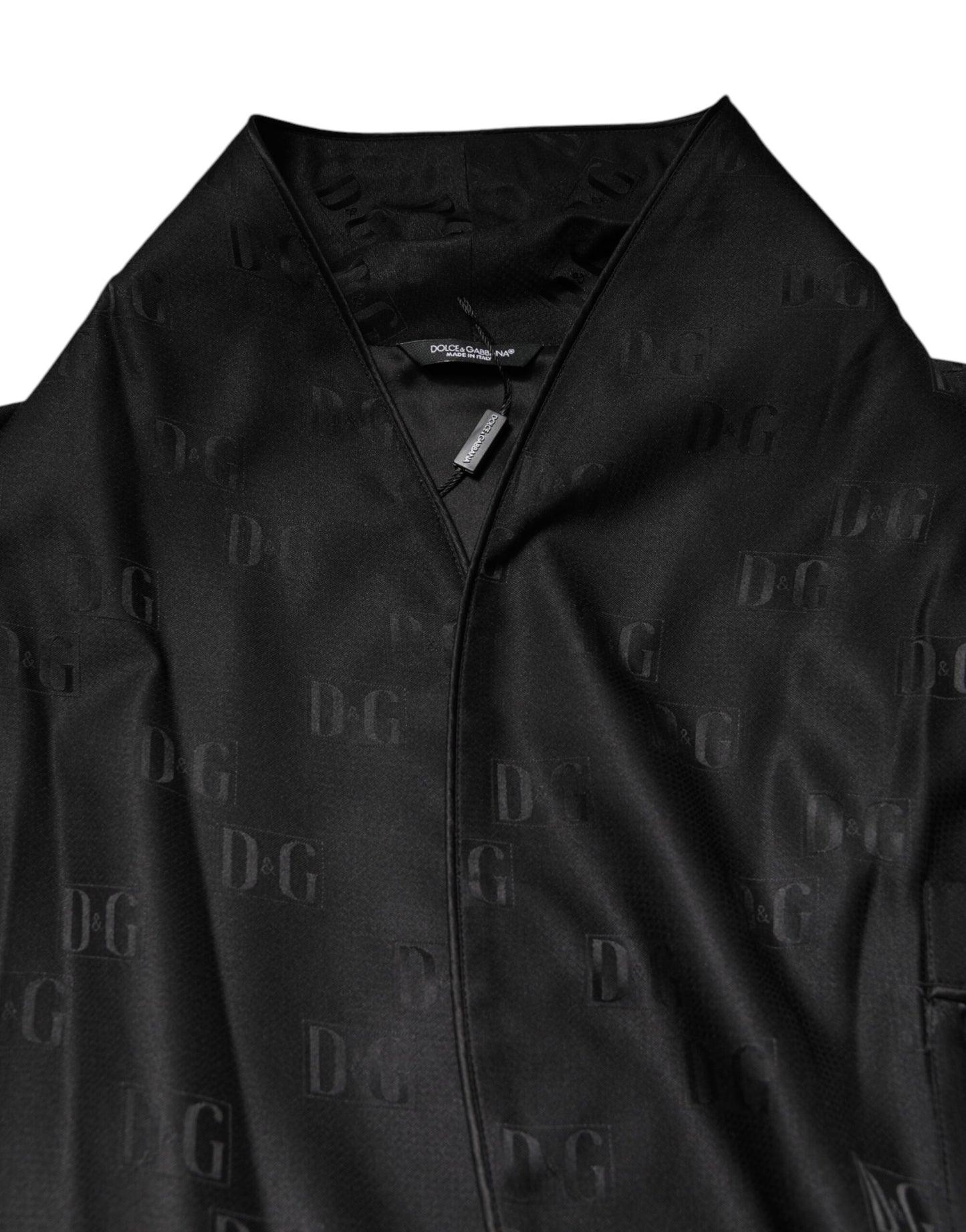 Dolce &amp; Gabbana Schwarze Seide DG Logo Herren Wickelmantel Jacke