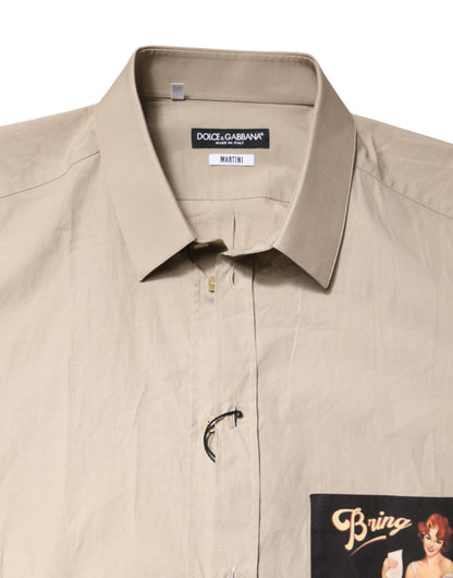 قميص مارتيني رجالي كاجوال من دولتشي آند غابانا، بيج، مطبوع عليه صورة دبوس أب