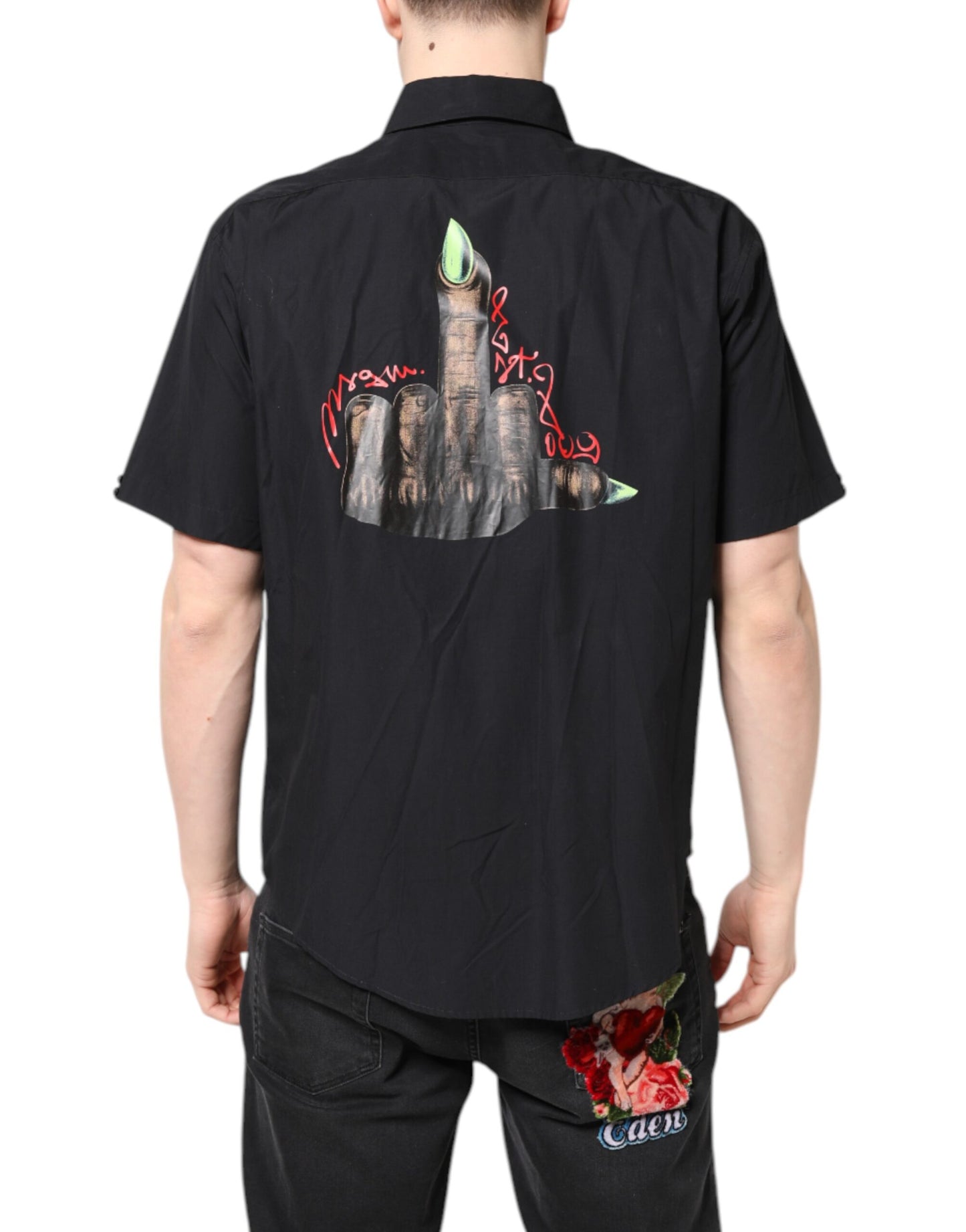 MSGM Schwarzes bedrucktes Kurzarmhemd mit Kragen für Herren