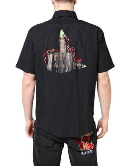 MSGM Schwarzes bedrucktes Kurzarmhemd mit Kragen für Herren