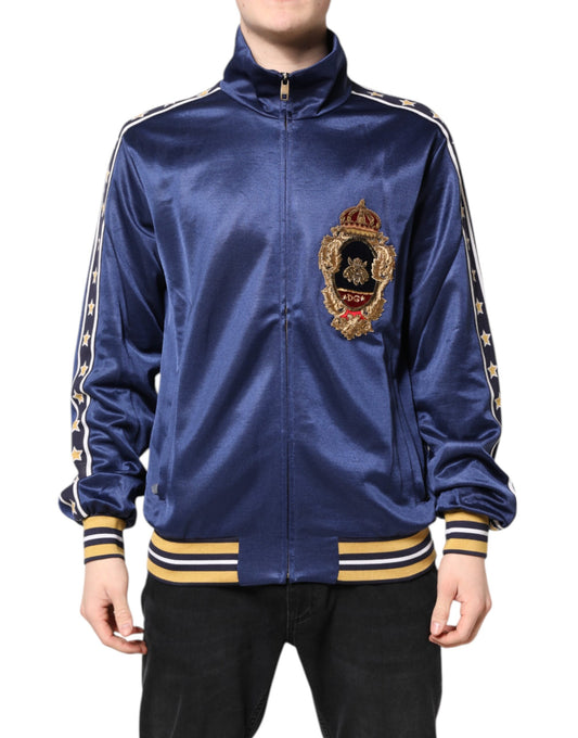 Dolce & Gabbana Blue Nylon Logo Patch Men Bomber Sweater