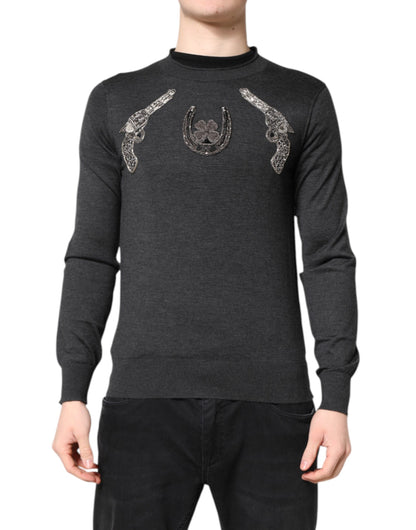 Dolce &amp; Gabbana Grauer Strickpullover mit Stickerei für Herren