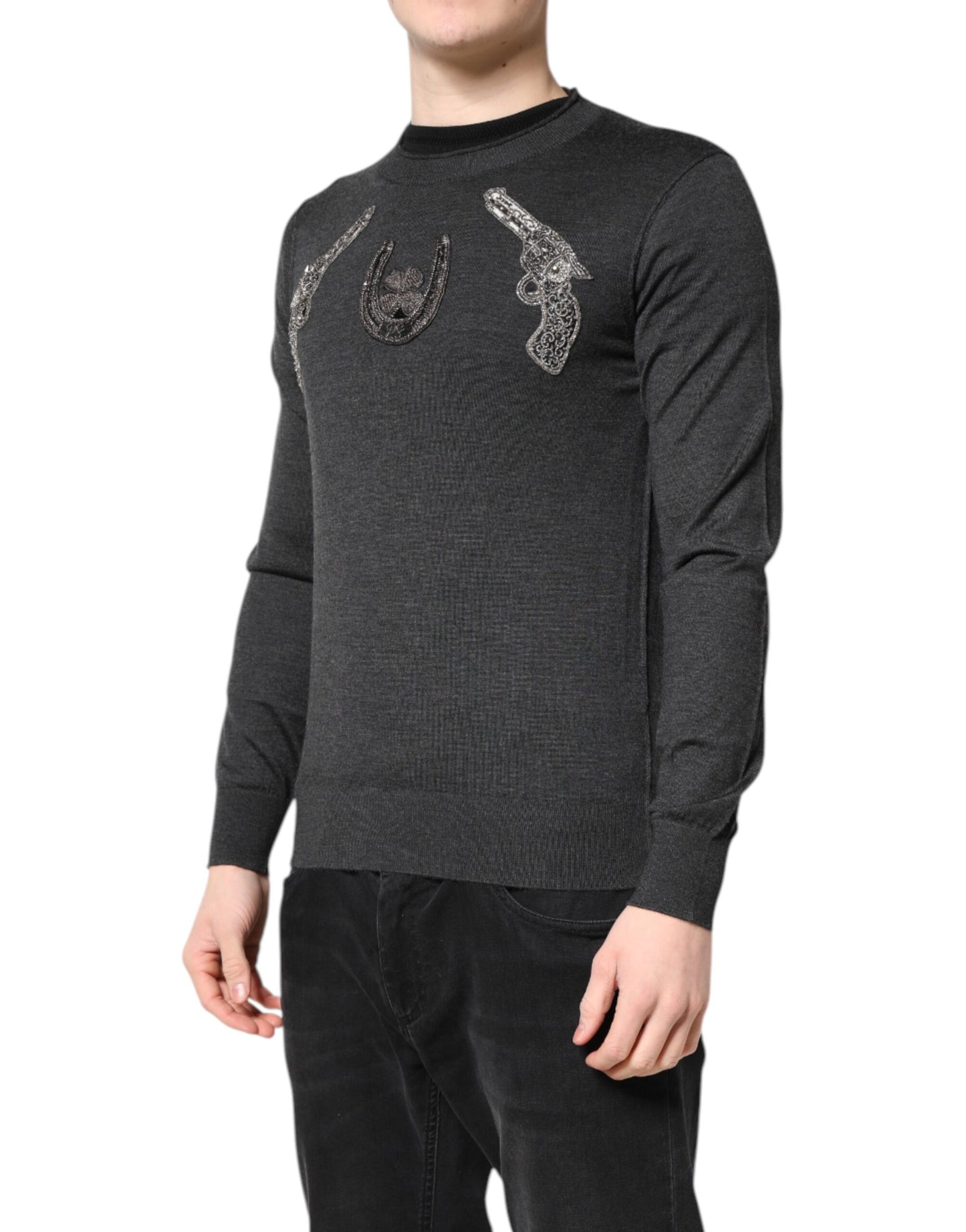 Dolce &amp; Gabbana Grauer Strickpullover mit Stickerei für Herren