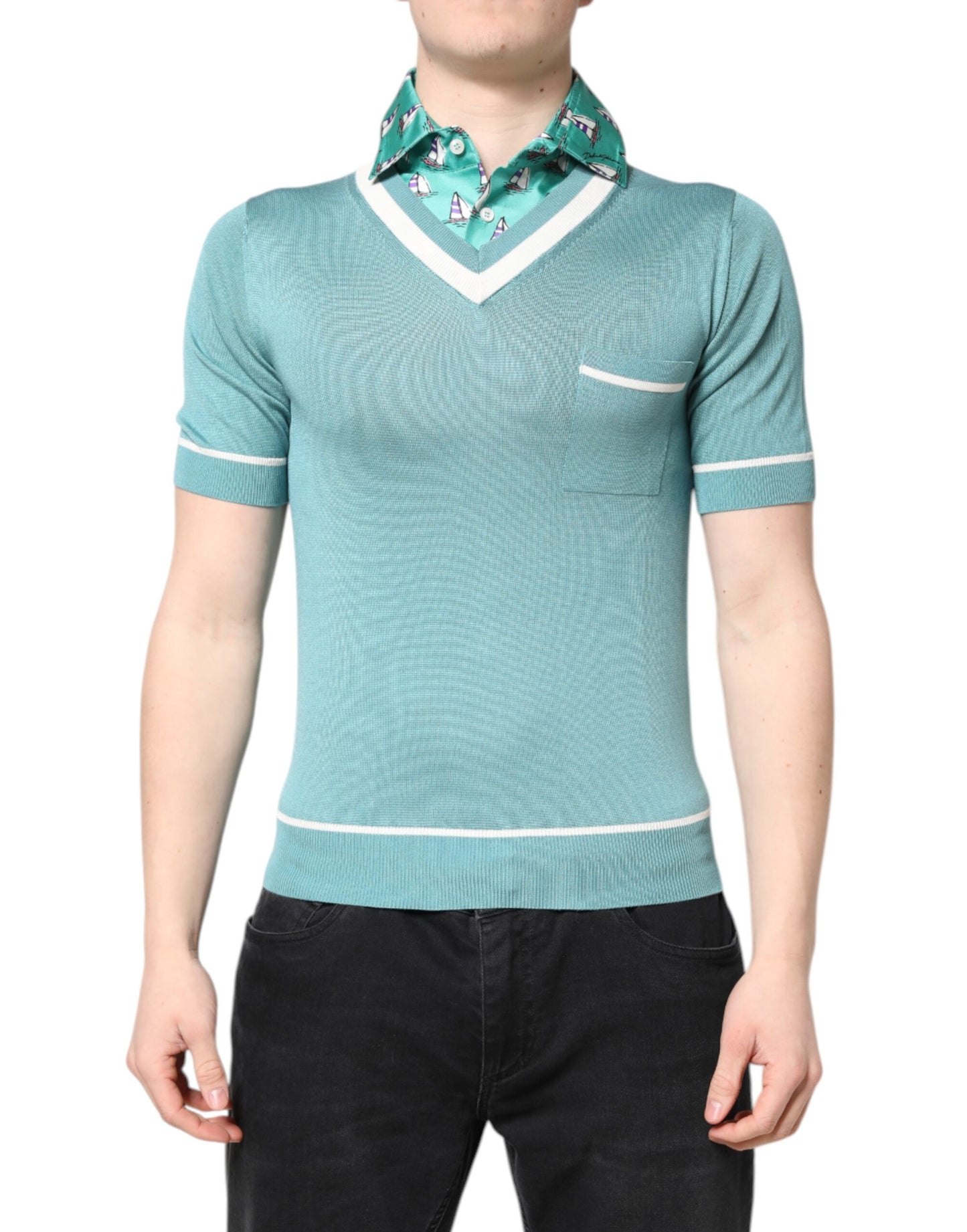 Dolce & Gabbana Green Printed Collared Short Sleeve T-shirt