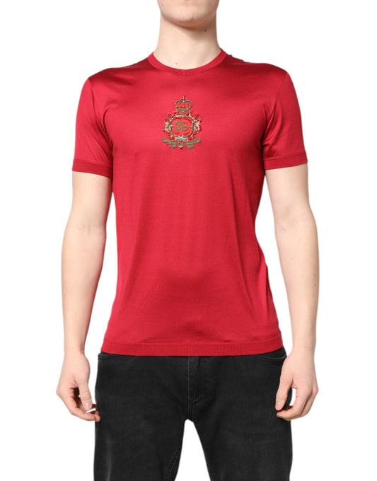 Dolce &amp; Gabbana – Kurzärmliges T-Shirt aus roter Seide mit DG-Kronenlogo