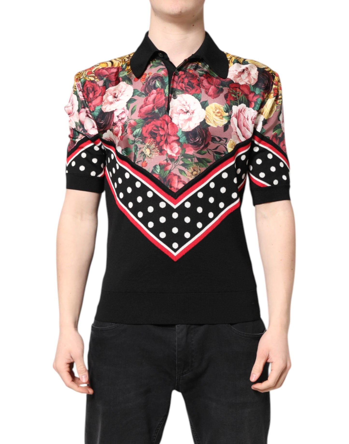 Dolce & Gabbana Black Floral Collared Short Sleeve T-shirt