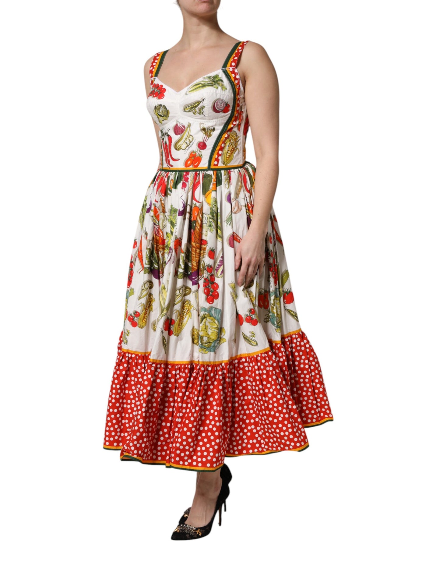 Dolce &amp; Gabbana Weißes ärmelloses A-Linien-Kleid mit Gemüse