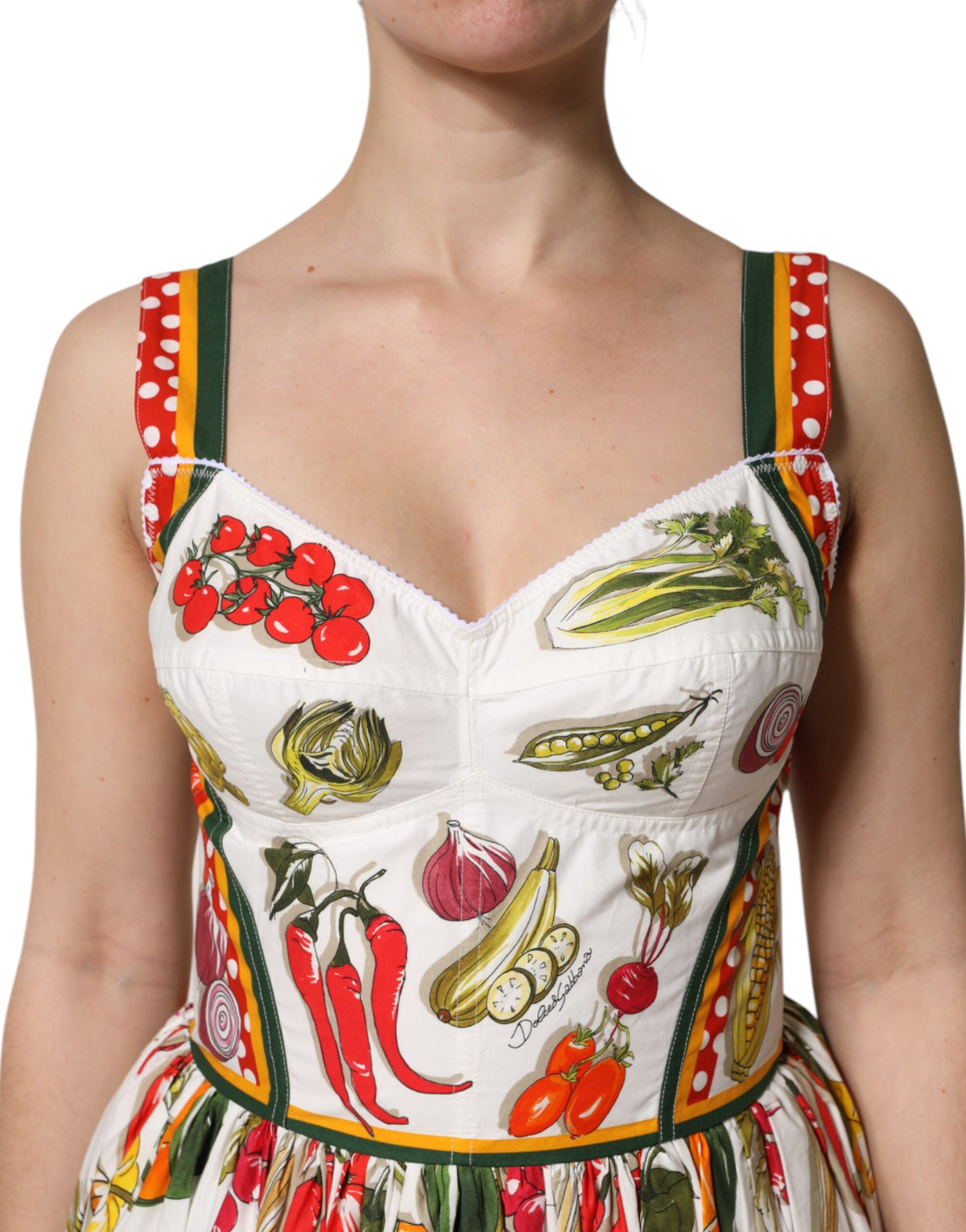 Dolce &amp; Gabbana Weißes ärmelloses A-Linien-Kleid mit Gemüse