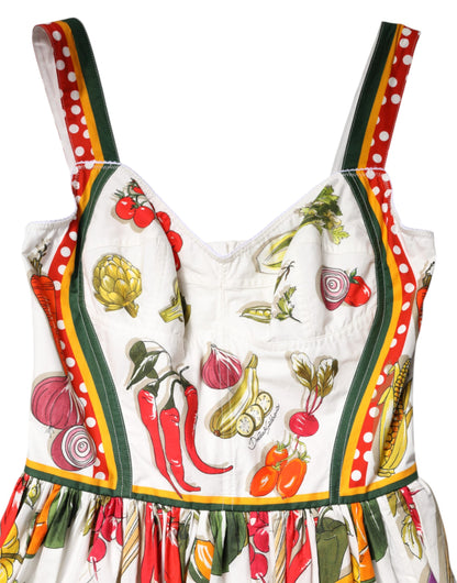 Dolce &amp; Gabbana Weißes ärmelloses A-Linien-Kleid mit Gemüse