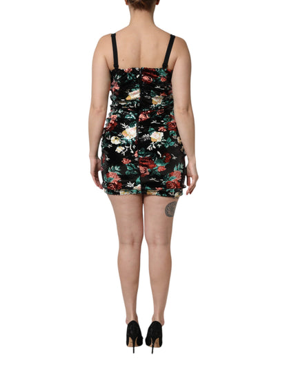 Dolce &amp; Gabbana – Schwarzes, ärmelloses Etuikleid mit Blumenmuster und Pailletten
