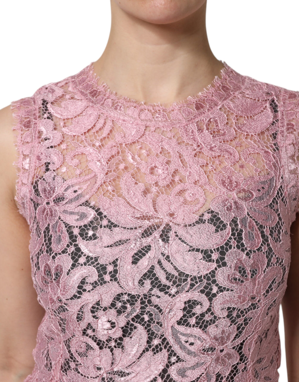 Dolce &amp; Gabbana – Ärmelloses Etuikleid aus rosa Blumenspitze